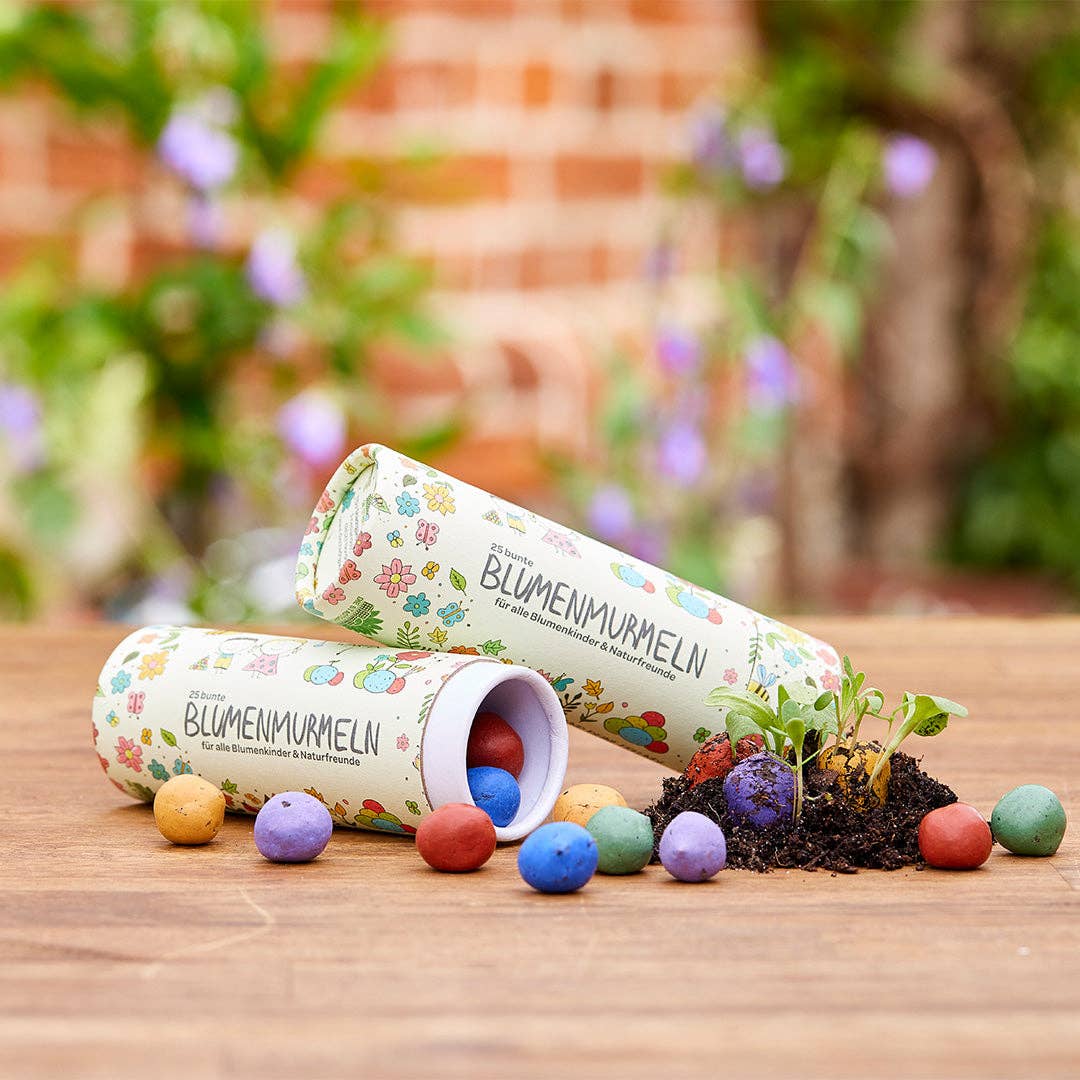25 bunte Blumenmurmeln in Dose