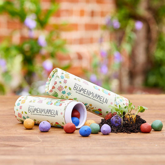25 bunte Blumenmurmeln in Dose